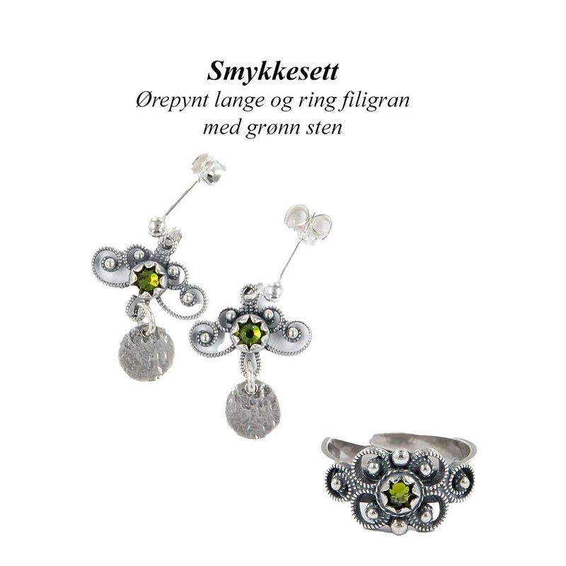 Smykkesett med ring og ørepynt med grønn sten