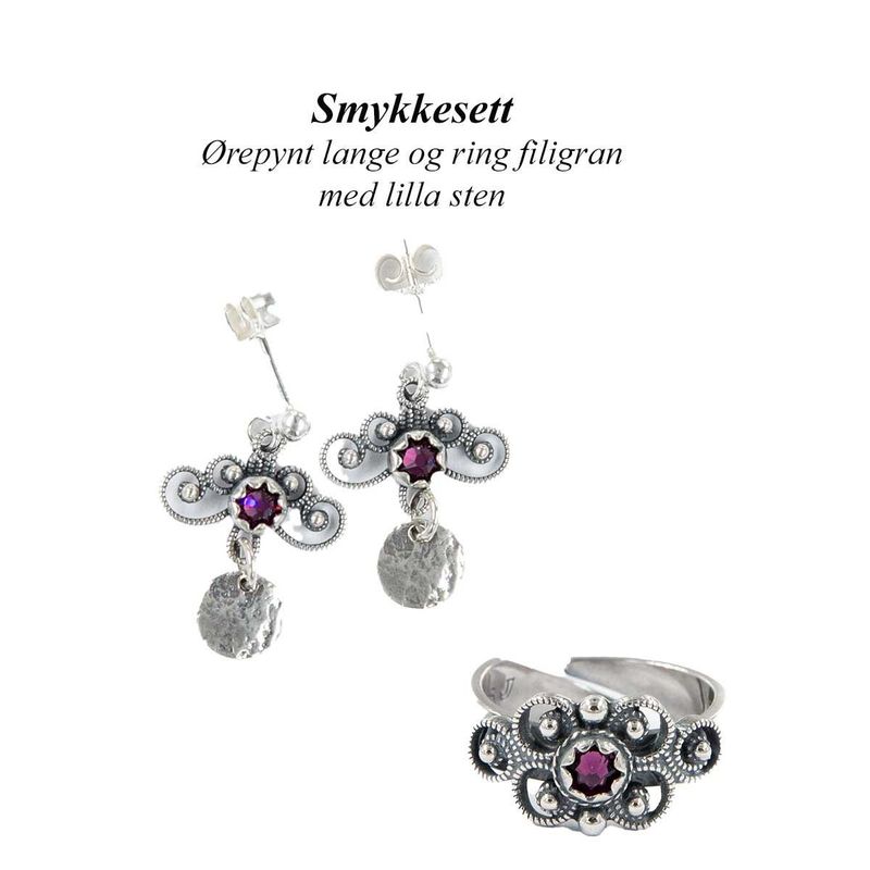 Smykkesett med ring og ørepynt med lilla sten